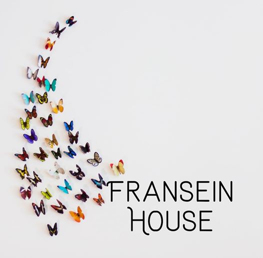 the text "Fransein House" with a string of colorful butterflies